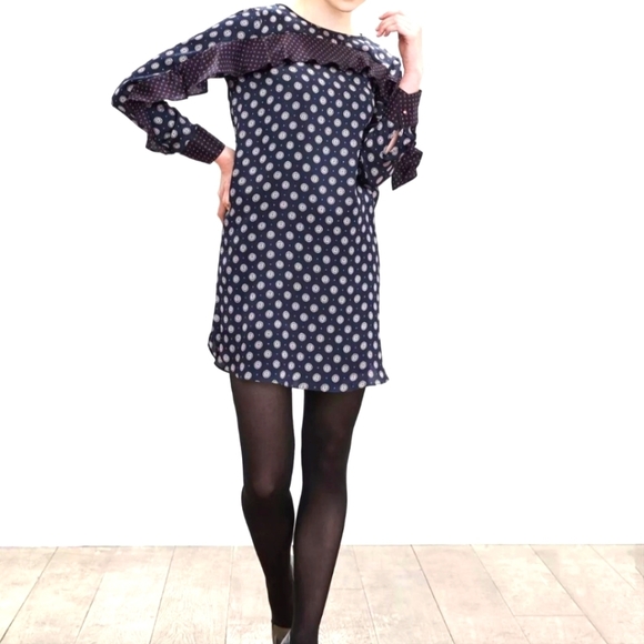 Banana Republic 100% Silk Navy Foulard Ruffle Mini Dress Women’s 0P Petite NWOT - Picture 3 of 17